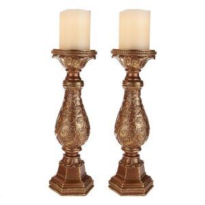 Set of 2 Bronze Scroll Pedestals with Flameless Candles by Home Reflections NWT
